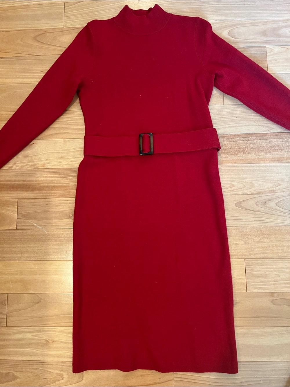 Chic Red Belted Turtleneck Knit Dress - Women